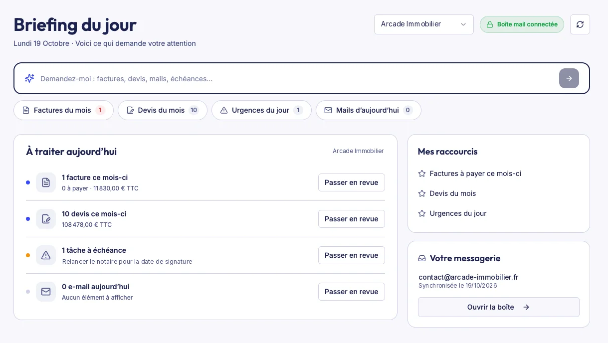 Briefing du jour et assistant IA dans Aprilyos : à traiter aujourd’hui, raccourcis et messagerie connectée
