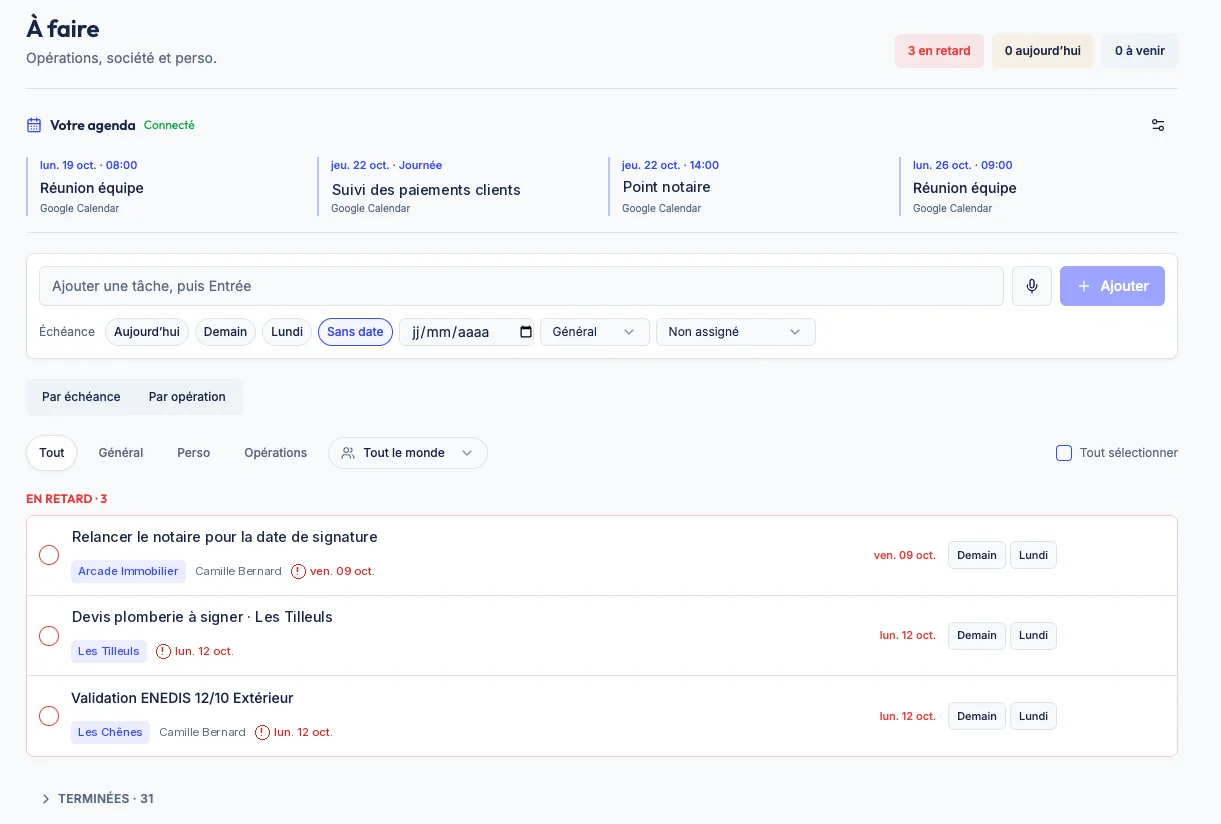 Liste À faire et agenda Google connecté dans Aprilyos : tâches en retard, ajout rapide et report en un clic