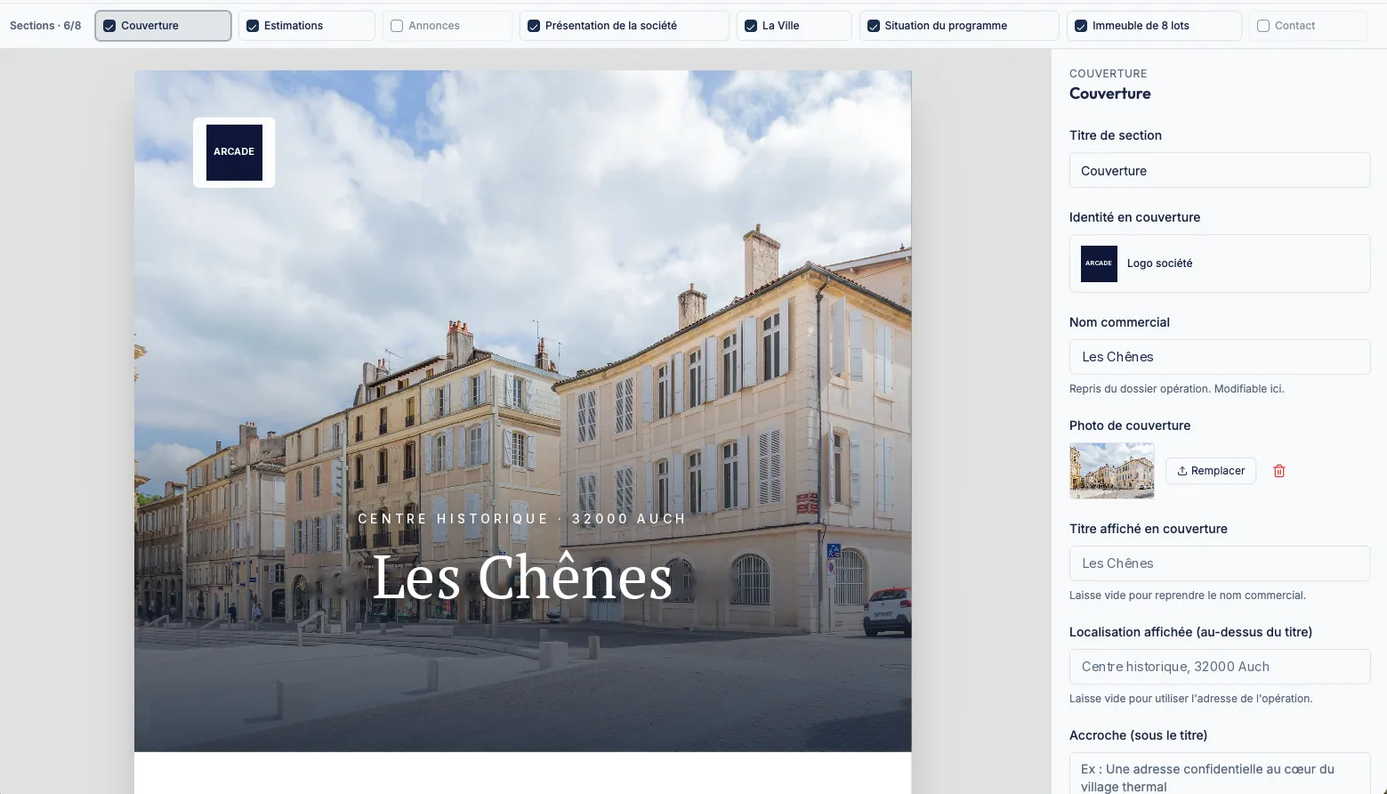 Studio de documents Aprilyos : sections au choix, couverture avec photo, logo et titre de l’opération